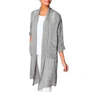 Pure J Jill Linen Airy Long Cardigan Duster L Gray White Slub